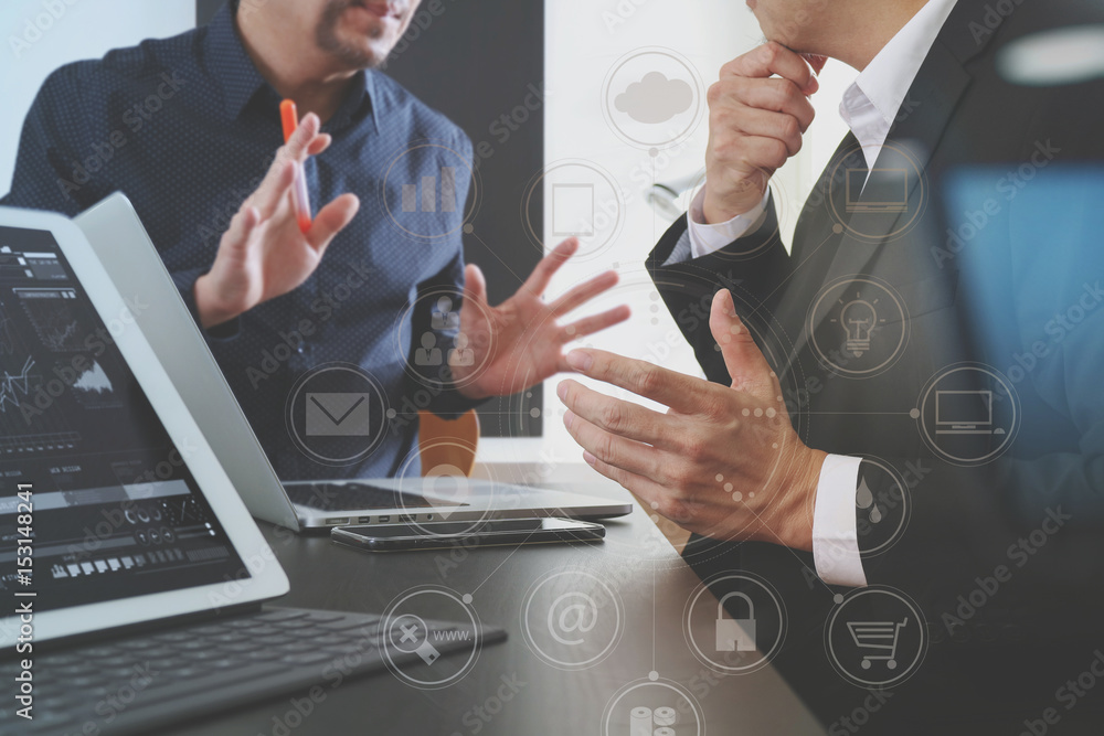 Poster co working team meeting concept,businessman using smart phone and digital tablet and laptop computer