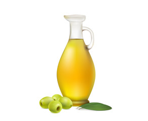 bottle of olive oil with green olives