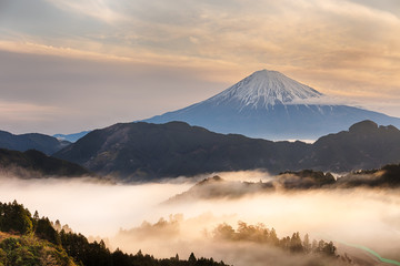 Mountain fuji san at sunrise with fog