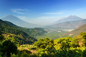 Three volcanoes: Agua, Fuego & Acatenango, near Antigua, Guatemala, Central America