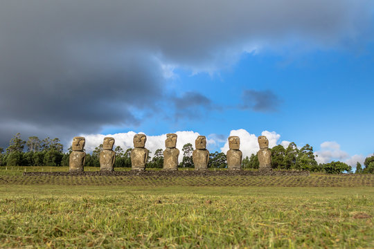 Moai Statues of Ahu Akivi, the only Moai facing the ocean - Easter Island, Chile