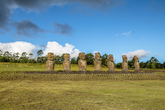 Moai Statues of Ahu Akivi, the only Moai facing the ocean - Easter Island, Chile