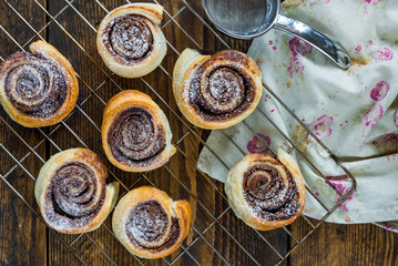 Chocolate hazelnut pinwheels dusted with icing sugar