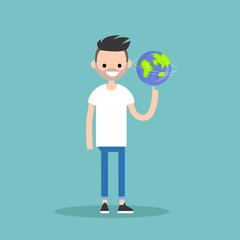 Young character spinning the globe on finger / flat editable vector illustration, clip art