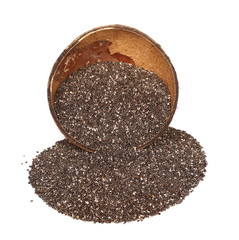 Chia seeds in coconut shell isolated on white background, top view