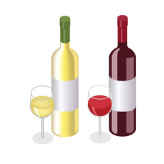 Isometric red and white wine bottles with glasses on white background