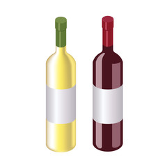 Isometric red and white wine bottles isolated on white