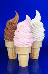Soft Serve Ice Cream or Frozen Yogurt Cones on Blue Background