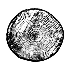 Aged wood textured tree rings. Silhouette. Black and white. Vector.