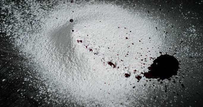 Drops of Blood Falling in Cocaine, Drug on Black Background, Slow Motion 4K