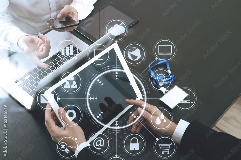 Poster co working team meeting concept,businessman using smart phone and digital tablet and laptop computer and name tag in modern office