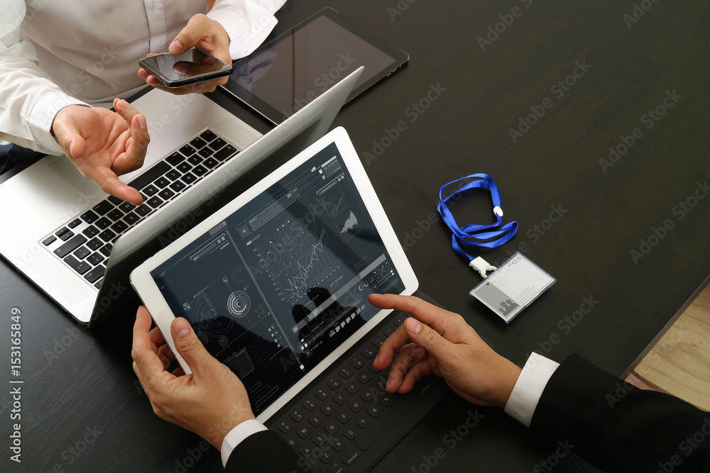 Aufkleber co working team meeting concept,businessman using smart phone and digital tablet and laptop computer and name tag in modern office