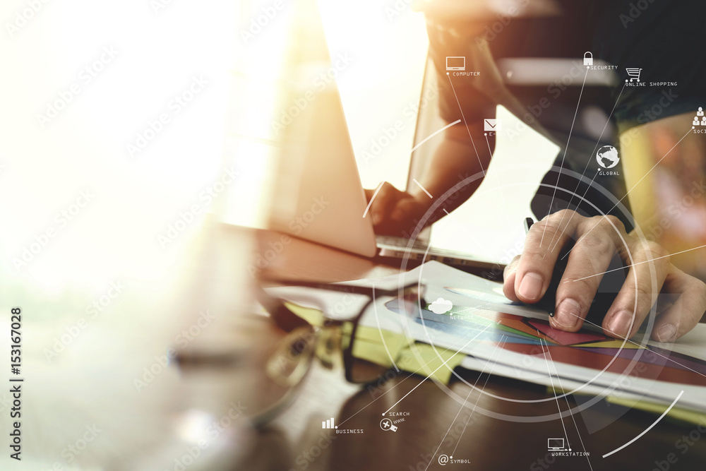 Poster businessman working with mobile phone and digital tablet and laptop computer on wooden desk in modern office with virtual icon diagram
