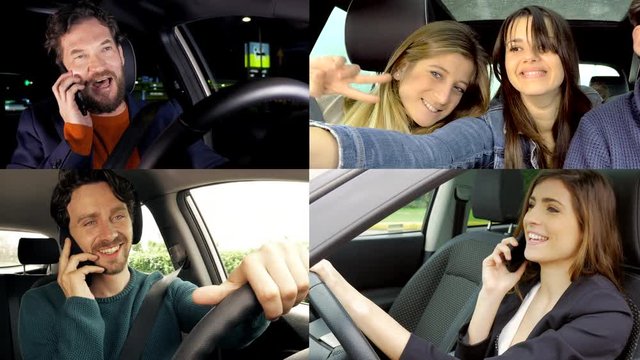 People using cell phone talking doing selfie while driving car multiscreen