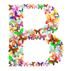 butterflies of different colors, made of sea shells isolated on a white background stacked in the form of letters B