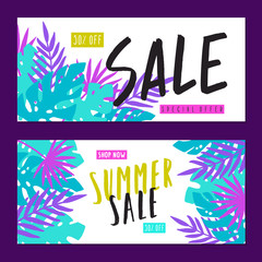 Fototapeta premium Two vector flyers template. Summer sale. Tropical leaves background.
