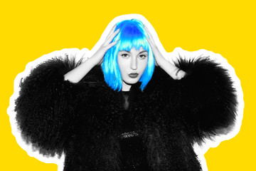 Acid crazy beautiful rock Girl in a bright pink wig and lama leather swag style red fur coat....