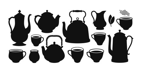 Tea set, silhouette. Kettle, teapot, cup, creamer icon or symbol. Vector illustration