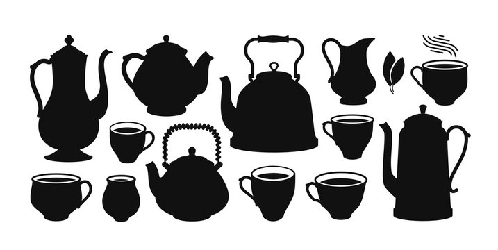 Tea set, silhouette. Kettle, teapot, cup, creamer icon or symbol. Vector illustration