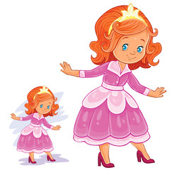 Vector clip art illustration with young girl in ballroom, period costume. Print, template, design element