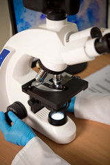 Microscope in medical clinical laboratory close-up