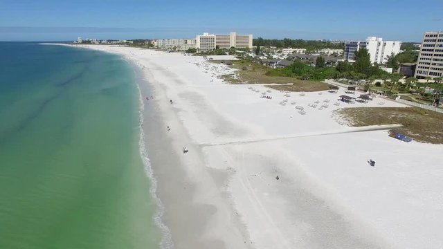 Aerial view of the Siesta Key beach with the most white and clean sand, Florida.