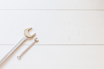 Happy Fathers Day, tool on white wooden background