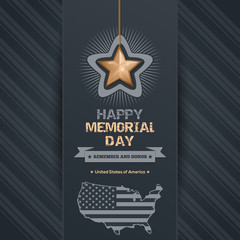 Poster for Memorial Day. Remember and honor. Federal holiday in the United States. Greeting card with map of the USA and gold star on an elegant gray background. Vector illustration