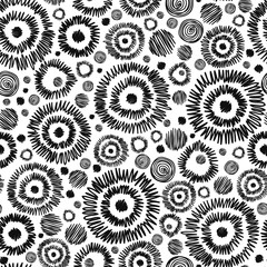 Vector Black and White Decorative Ikat Doodle Circles Abstract Seamless Repeat Pattern Background. Great for handmade cards, invitations, wallpaper, packaging designs.