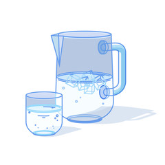 Glass & pitcher of water with ice as colored line art