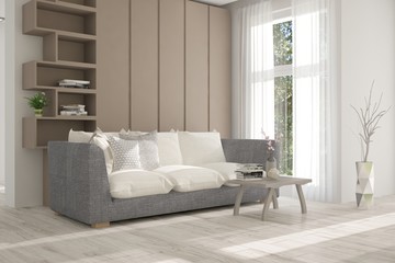 White modern room with sofa. Scandinavian interior design. 3D illustration