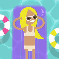 Young female character lying on the inflatable mattress in the swimming pool. Top view / flat editable vector illustration, clip art