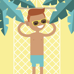 Young male character lying in a hammock under the palm trees