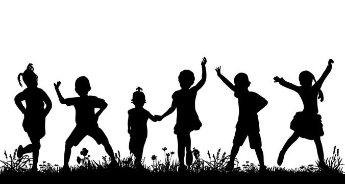 silhouette of a crowd of children dancing, playing in nature