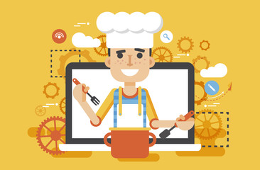 Vector illustration chef cook nutritionist dietician man HLS cooking training education recipe blog proper and healthy eating lifestyle online TV show nutrition flat style