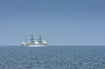 Fototapeta na wymiar White tall ship sailing off the coast of the Black Sea, Romania.