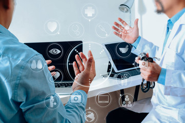 Medical doctor in white uniform gown coat consulting businessman patient having exam as Hospital professionalism concept