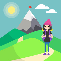 Obraz na płótnie Canvas Tourist in mountains. Outdoor activity. Vector illustration, clip art. Flat illustration