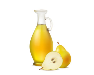 Fresh juice in a glass pitcher and pears on white background