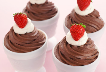 Chocolate Mousse with Whipped Cream and Strawberries