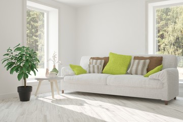 White room with sofa and green landscape in window. Scandinavian interior design. 3D illustration