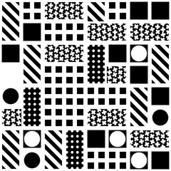 Decorative geometric shapes tiling. Monochrome irregular pattern.  Abstract black and white background. Artistic ornamental lattice
