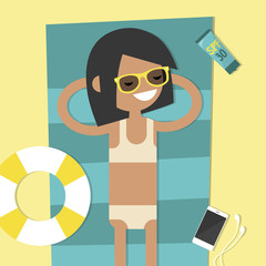 Young female character lying on the beach. Top view / flat editable vector illustration, clip art