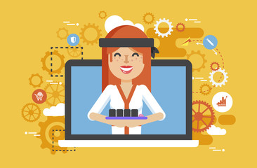 Vector illustration manufacture Japanese food, sushi master, woman design element for delivery service business, online sale, order, booking, promotion management flat style