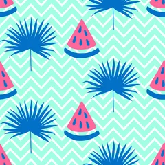 Photo sur Plexiglas Pop Art Beau modèle sans couture avec la pastèque et la feuille tropicale bleue lumineuse