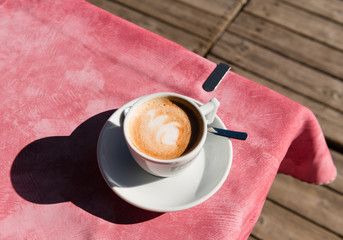Coffee capuccino on a table top view. Italian coffee. Cafe in Italy