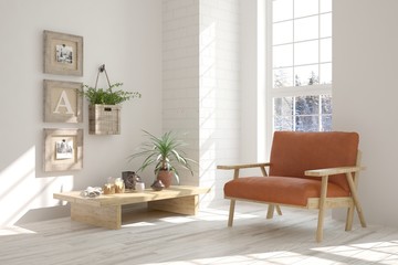 Fototapeta na wymiar White modern room with armchair. Scandinavian interior design. 3D illustration