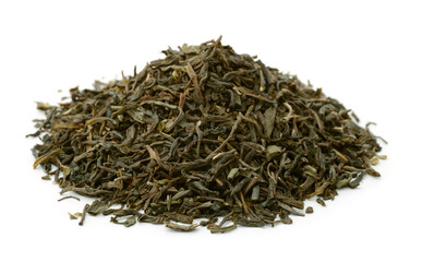 Pile of dry green tea leaves