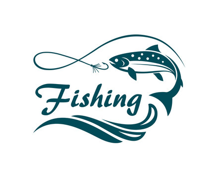 salmon fishing emblem with waves and hook