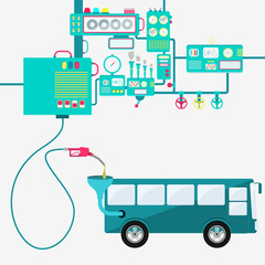 Machinery of factory refining gasoline and refueling a bus. Bus being fueled by a gas pump.